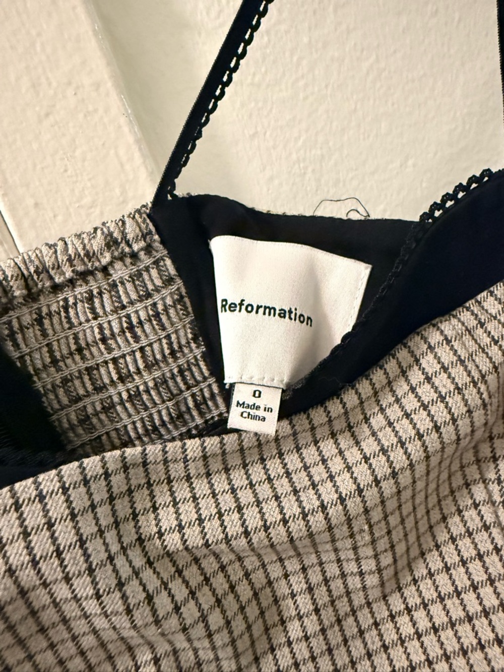 Reformation Black and Cream Checked Smocked Cami